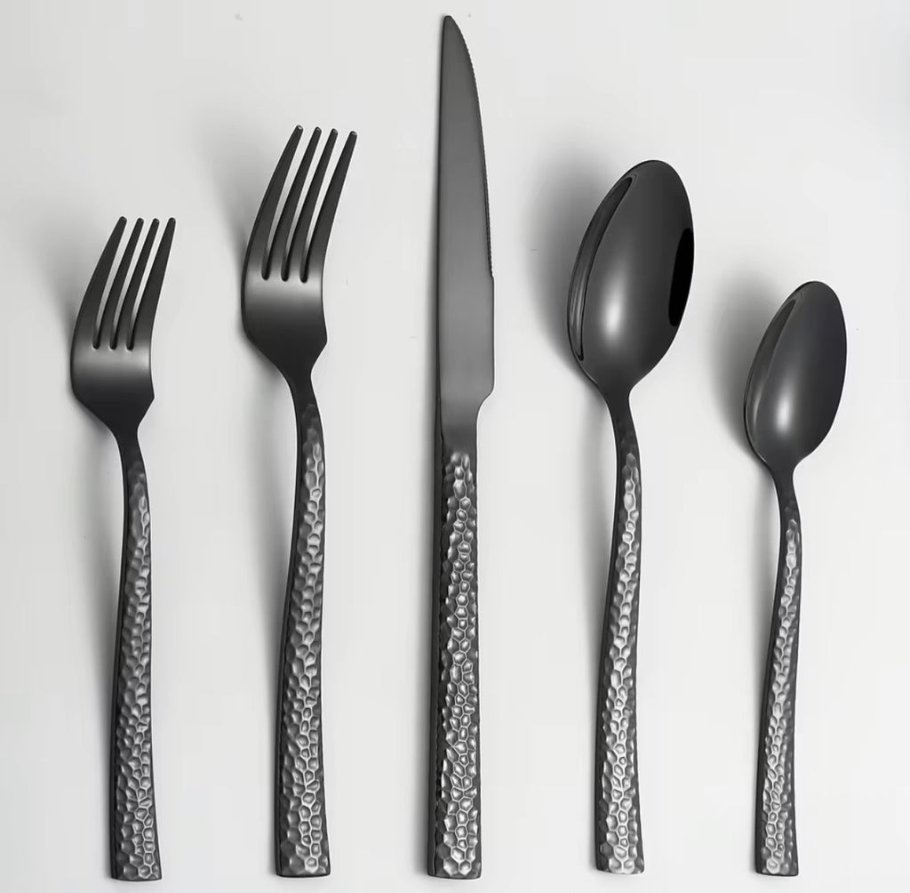 20-Piece with Black Hammered Square Edge Stainless Steel Silverware Set, Include Forks, Spoons and Knives Set, Dishwasher Safe U