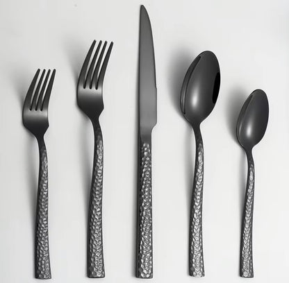 20-Piece with Black Hammered Square Edge Stainless Steel Silverware Set, Include Forks, Spoons and Knives Set, Dishwasher Safe U