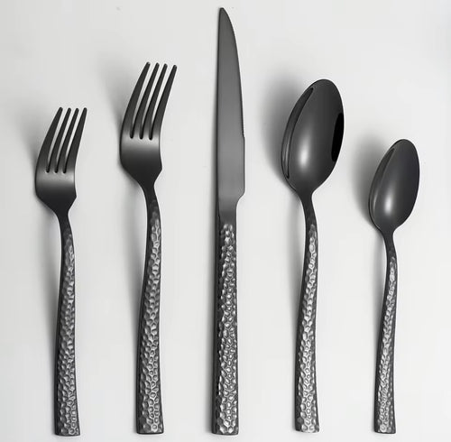20-Piece with Black Hammered Square Edge Stainless Steel Silverware Set, Include Forks, Spoons and Knives Set, Dishwasher Safe U