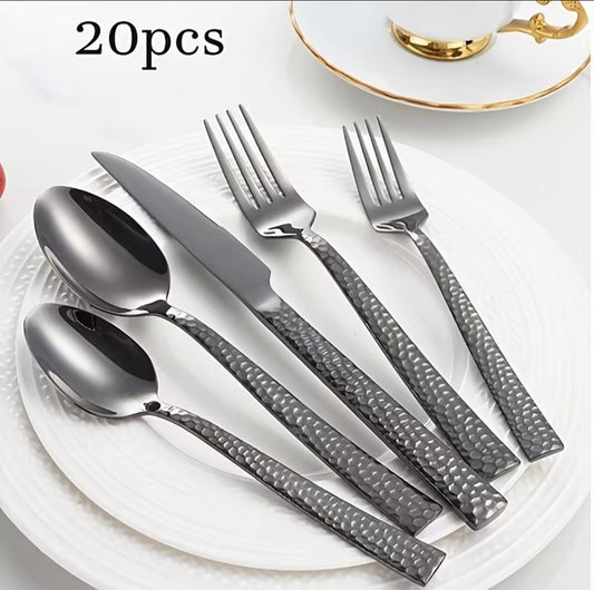 20-Piece with Black Hammered Square Edge Stainless Steel Silverware Set, Include Forks, Spoons and Knives Set, Dishwasher Safe U