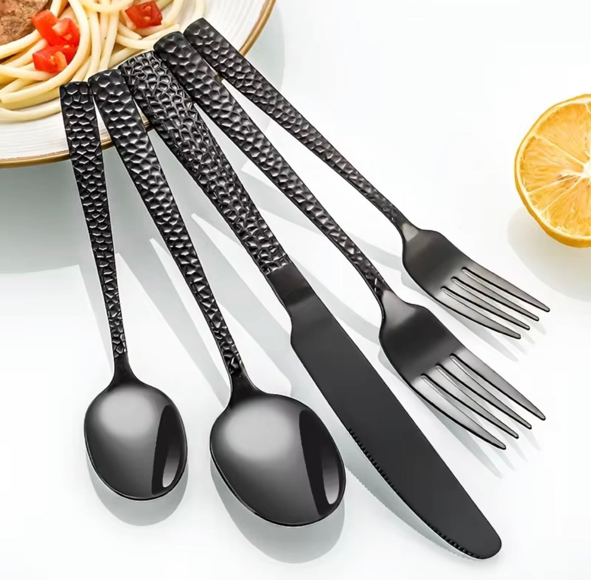 20-Piece with Black Hammered Square Edge Stainless Steel Silverware Set, Include Forks, Spoons and Knives Set, Dishwasher Safe U
