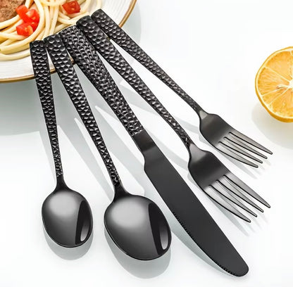 20-Piece with Black Hammered Square Edge Stainless Steel Silverware Set, Include Forks, Spoons and Knives Set, Dishwasher Safe U