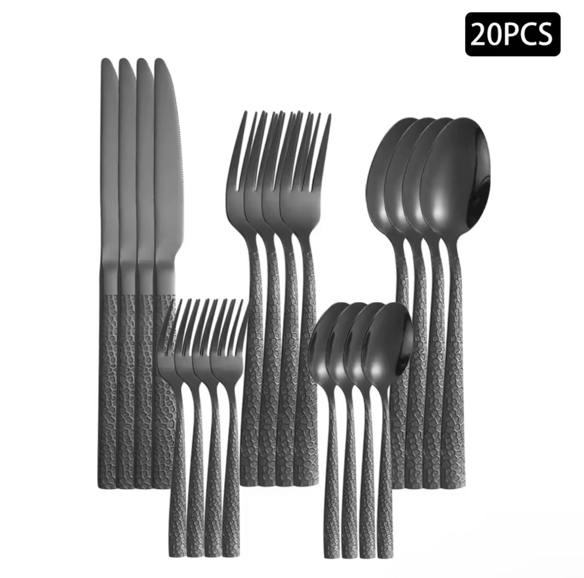 20-Piece with Black Hammered Square Edge Stainless Steel Silverware Set, Include Forks, Spoons and Knives Set, Dishwasher Safe U